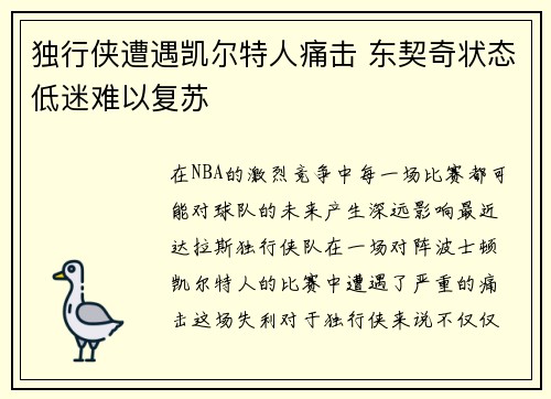 独行侠遭遇凯尔特人痛击 东契奇状态低迷难以复苏