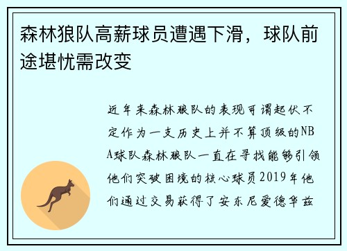 森林狼队高薪球员遭遇下滑，球队前途堪忧需改变