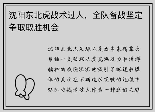 沈阳东北虎战术过人，全队备战坚定争取取胜机会