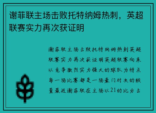 谢菲联主场击败托特纳姆热刺，英超联赛实力再次获证明
