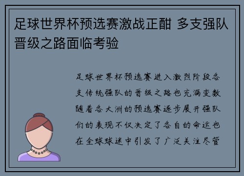 足球世界杯预选赛激战正酣 多支强队晋级之路面临考验
