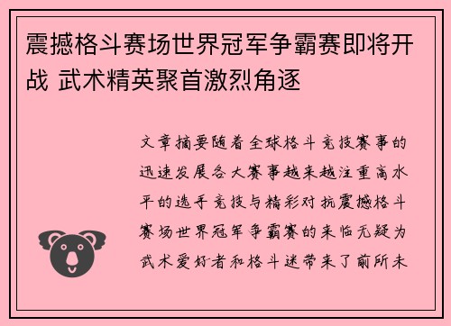 震撼格斗赛场世界冠军争霸赛即将开战 武术精英聚首激烈角逐