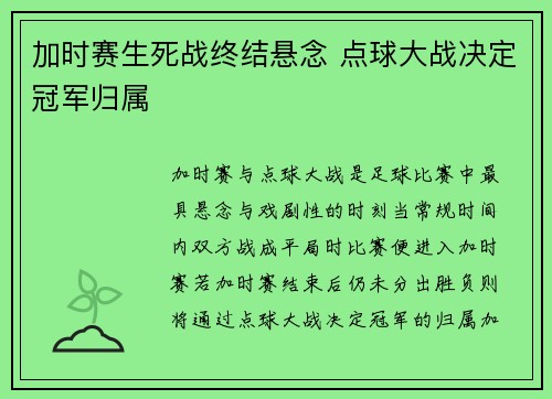 加时赛生死战终结悬念 点球大战决定冠军归属